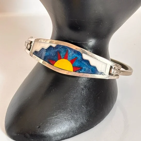 Vintage Sterling Silver Taxco Mexico Inlay Cuff Bangle Hinged Bracelet - Picture 1 of 7